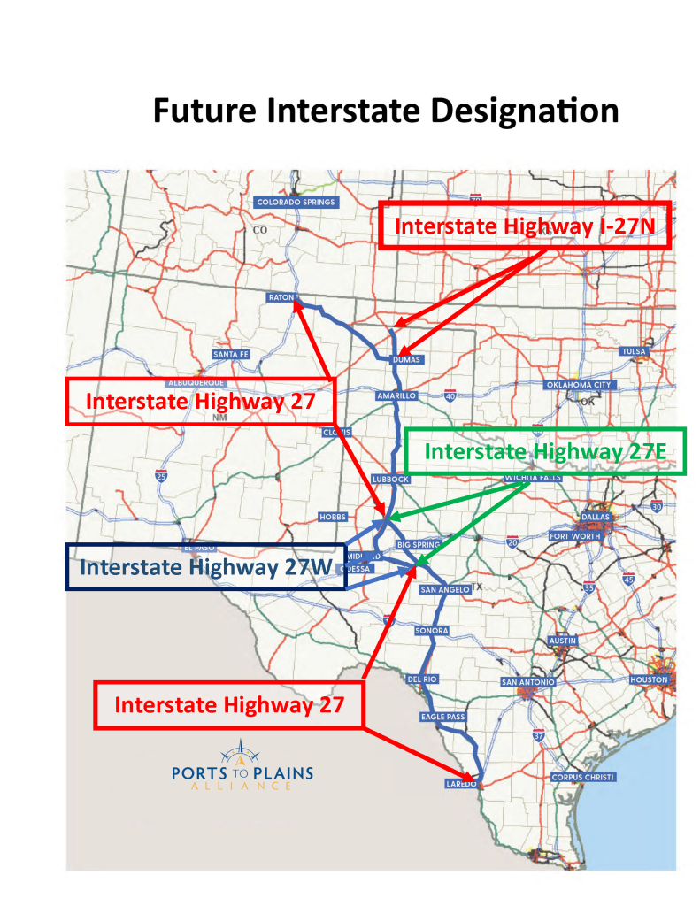 Map of Future Interstate Authorized in Texas and New Mexico showing I-27 Numbering